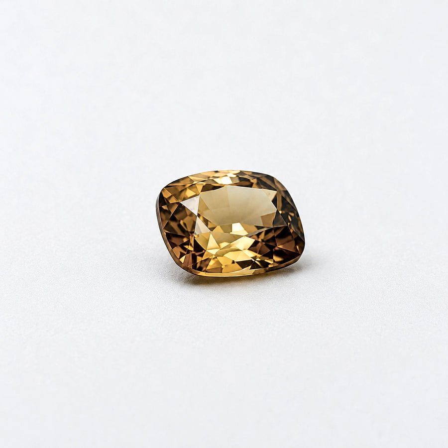 Profil incliné de ce zircon 1,78ct, illustrant le volume de sa culasse, sa couronne et son éclat brun champagne.