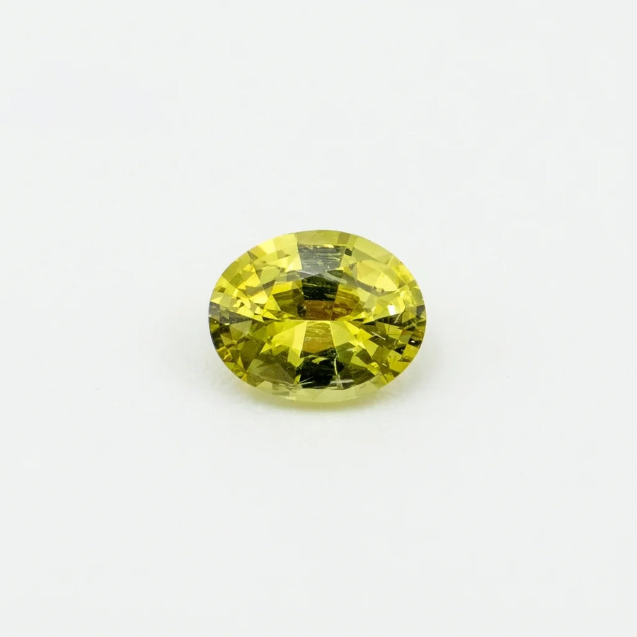 Superbe grenat Mali 0,67ct observé de face, mettant en valeur la symétrie de sa table et ses vifs reflets citron.
